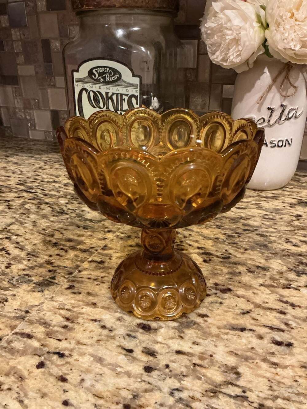 Vintage L.E. Smith Moon and Star Pattern Amber Glass Pedestal Compote Dish